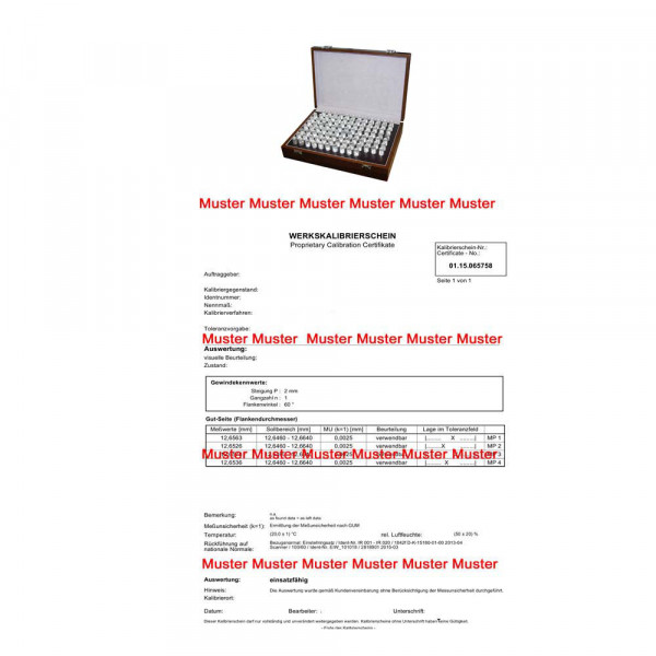 Certification for pin gauge set 273 pieces