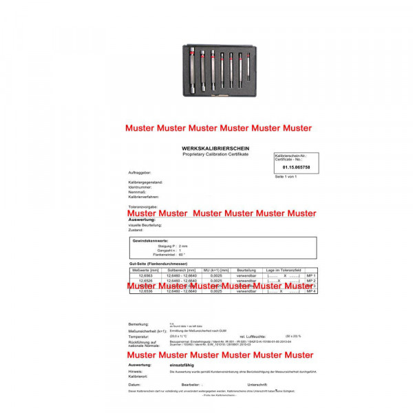 Certification for limit plug gauges set Ø 3 - 12 mm 7 pcs. H7