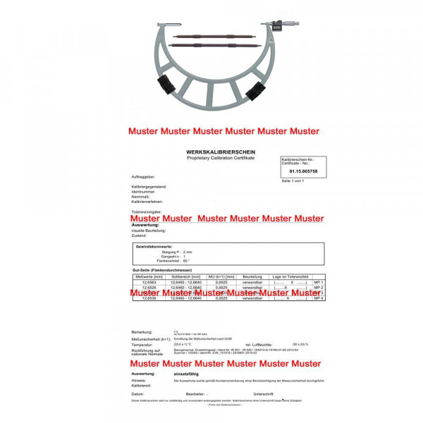 Certication for micrometer > 400 - 500 mm with exchangeable anvil