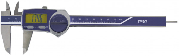 Digital pocket caliper 150 mm IP 67 with round depth bar Ø 1,6 mm