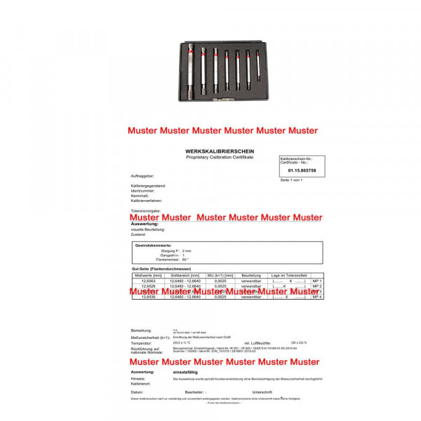 Certification for limit thread gauges set M3 - M12 7 pcs.