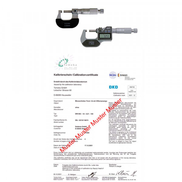 DAkkS certification for micrometer range 0 - 25 mm