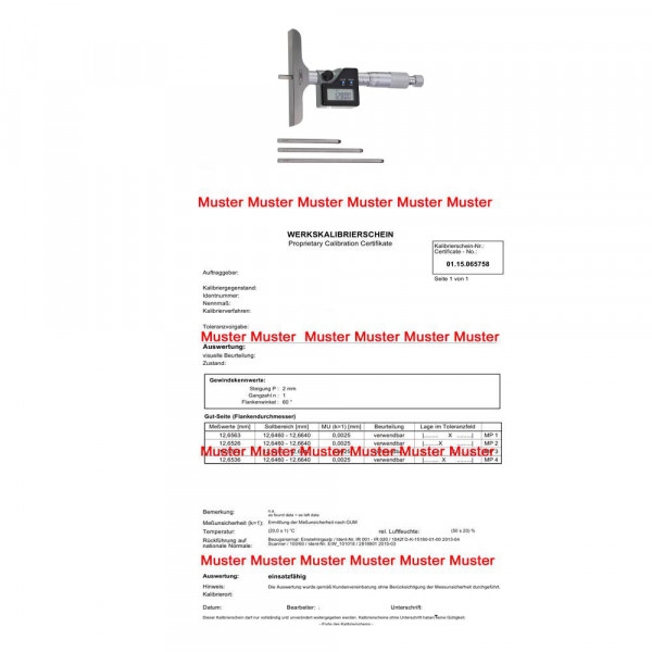Certification for depth micrometer 0 - 100 mm