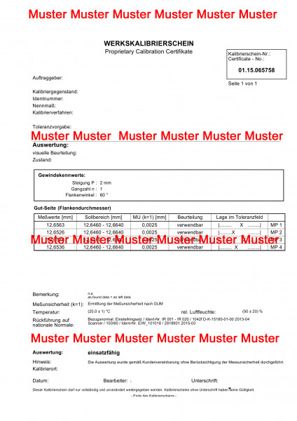 Kalibrierung/Prüfzeugnis für Messschieber bis 1000 mm Messbereich