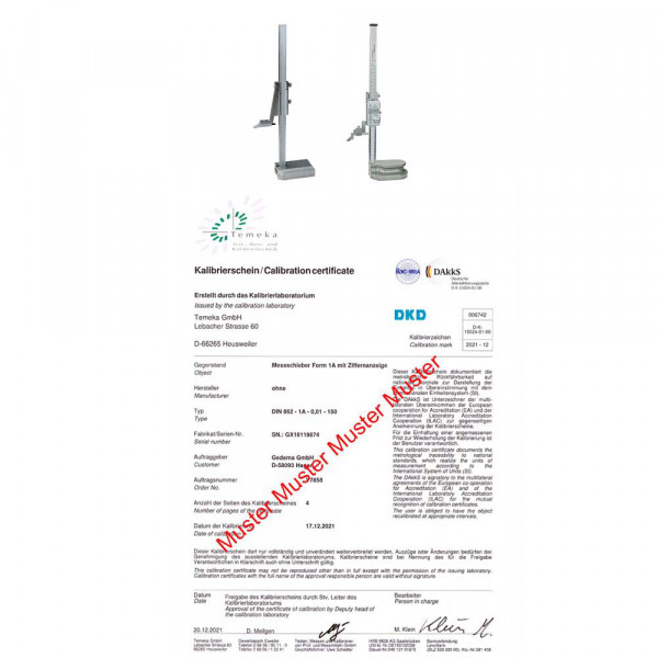DAkkS certification height gauge 1000 mm range