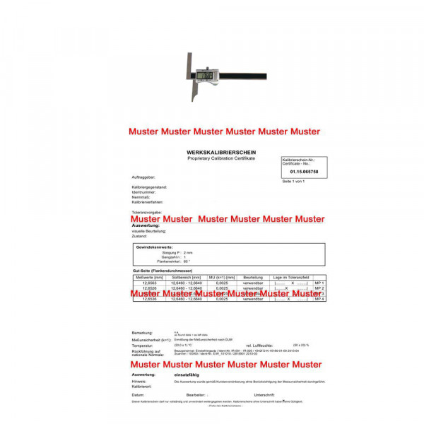 Calibration certificate Digital miller caliper until 300 mm