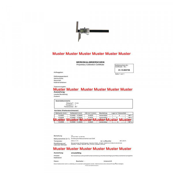 Werkskalibrierschein - Kalibrierung Digital-Fräsereinstelllehren bis 300 mm