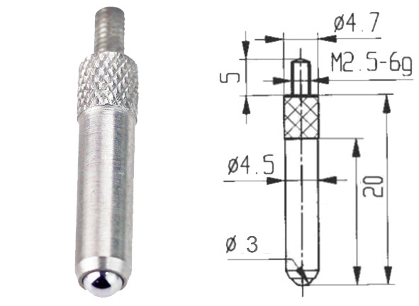 Measuring tip cylinder 20 mm with ball 3 mm for dial indicator, thread M 2,5