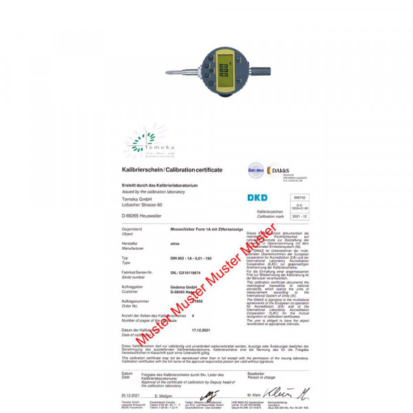 DAkkS calibration certificate digital dial indicator until 50 mm