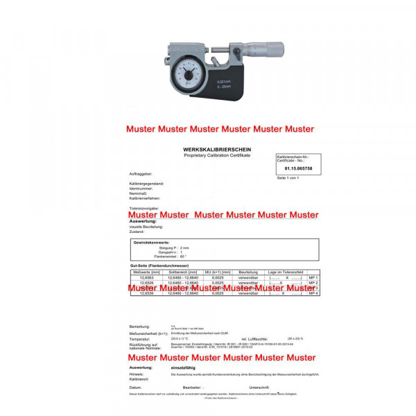 Certification for micrometer with dial test indicator 0 - 25 mm