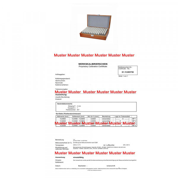 Certification for pin gauge set 101 pieces