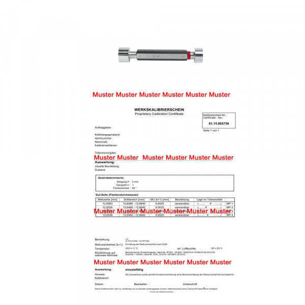 Certification for limit plug gauges > 50 - 100 mm H7