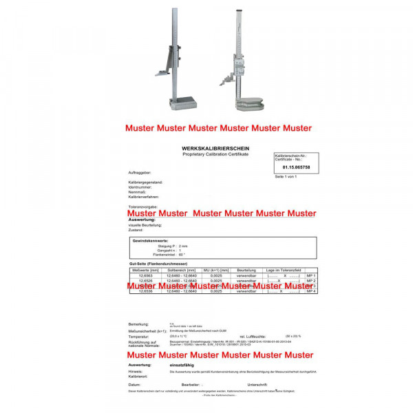 Certification height gauge > 300 - 600 mm range