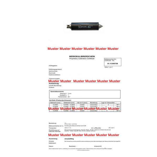 Certification setting standard > 25 - 100 mm for thread micrometer