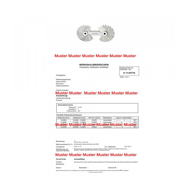 Certification for radius gauges 15,5 - 25,0 mm