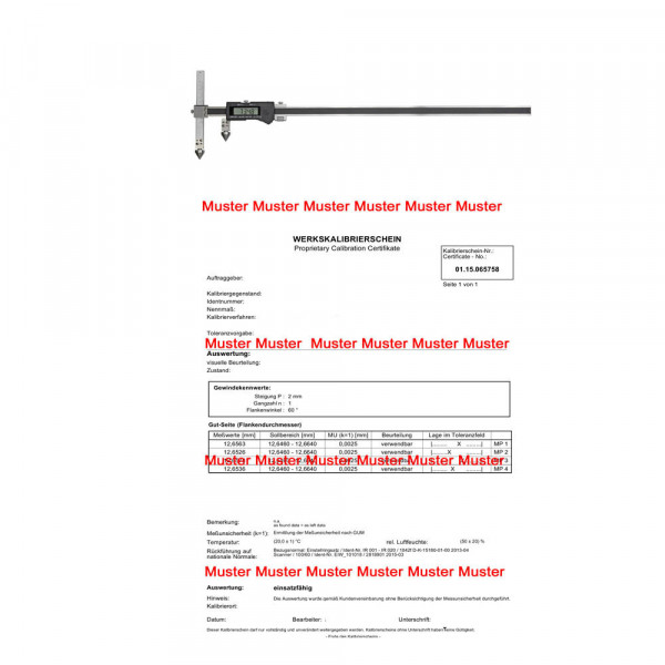 Certification for hole distance caliper 20 - 500 mm range