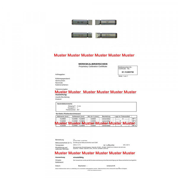 Certification for thread measuring tips (pairs)