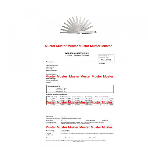 Calibration certificate feeler gauges 32 blades