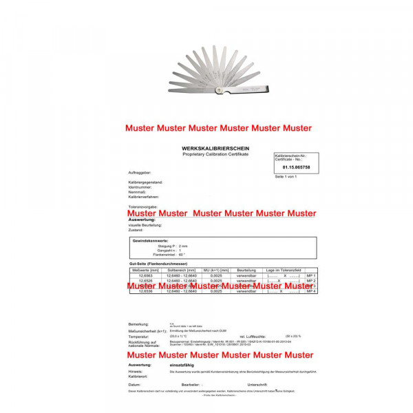 Werkskalibrierschein - Kalibrierung Fühlerlehren 32 Blatt