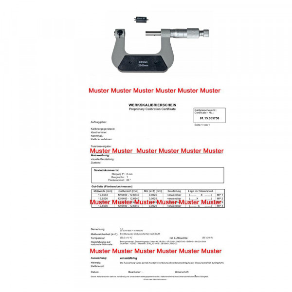 Certification for thread micrometer until range 25 mm