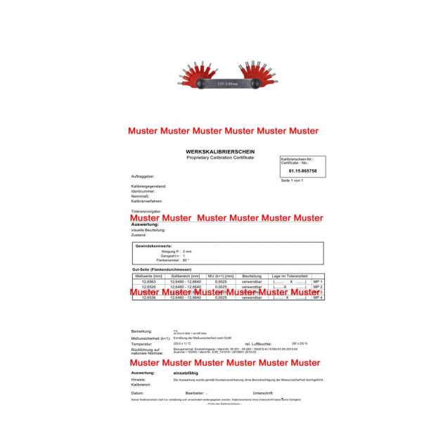 Calibration certificate for jet gauges 20 pins