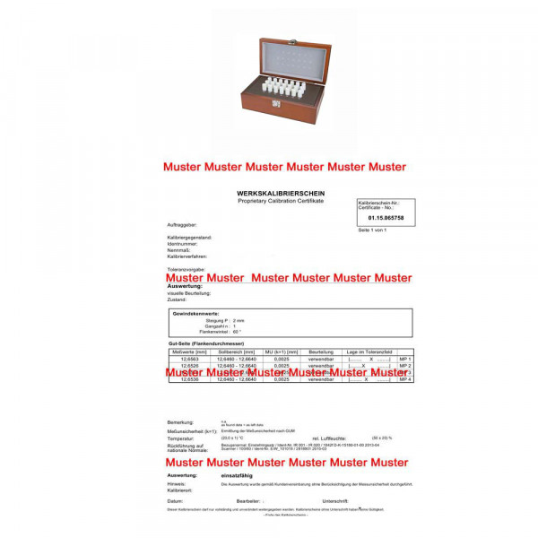 Certification for pin gauge set 21 pieces