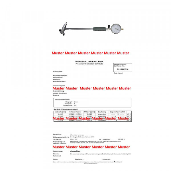 Certification internal measuring instrument 4,5 - 160 mm range