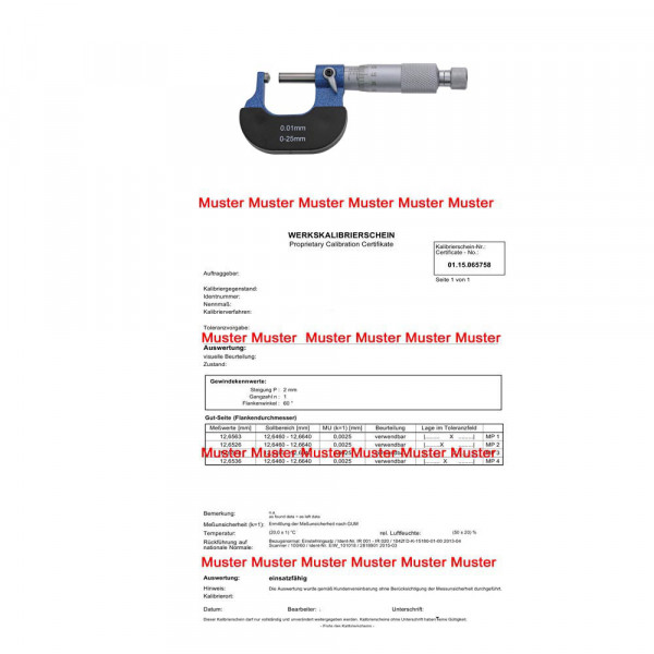 Certification for micrometer special > 50 - 100 mm