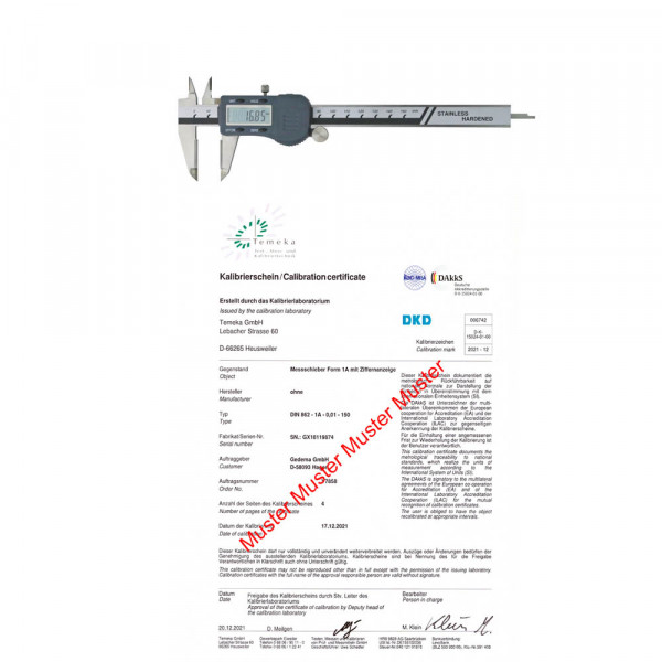 DAkkS certification for caliper until range 200 mm