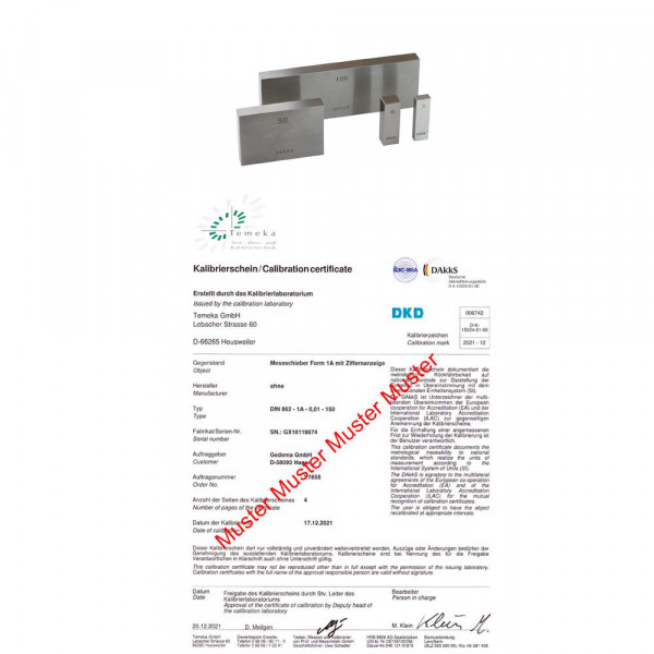 DAkkS certification single gauge block > 200 - 300 mm 