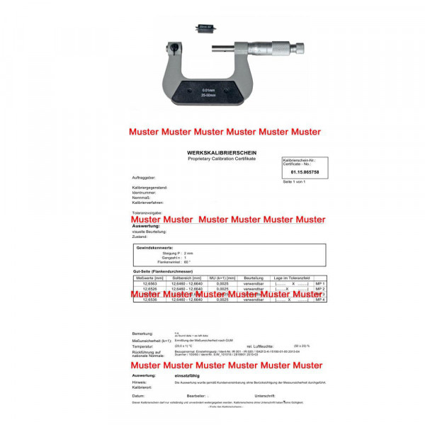 Certification for thread micrometer range > 25 - 100 mm