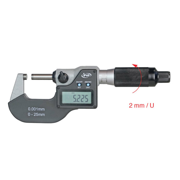 Digital-Bügelmessschraube 0-25 mm mit 2 mm Spindelsteigung IP 65
