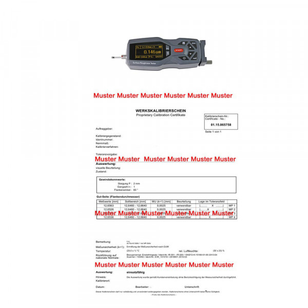 Werkskalibrierschein - Kalibrierung Rauhheitsmessgeräte Werksnorm