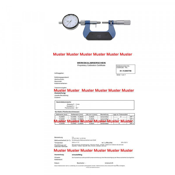 Certification for micrometer with dial indicator 0 - 25 mm