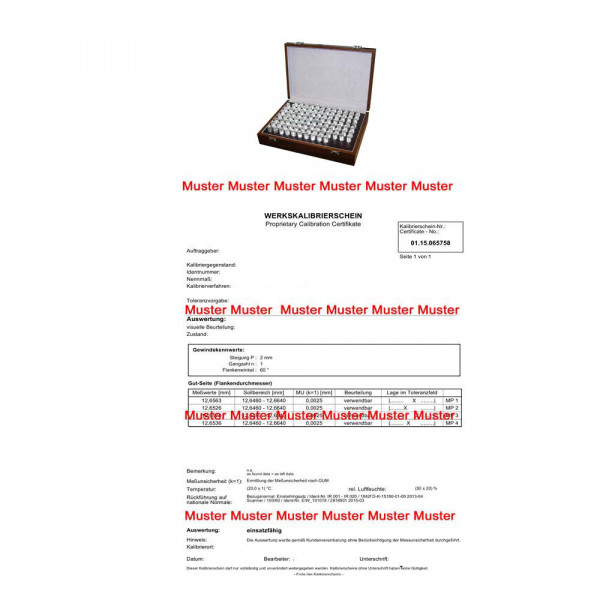 Certification for pin gauge set 40 pieces