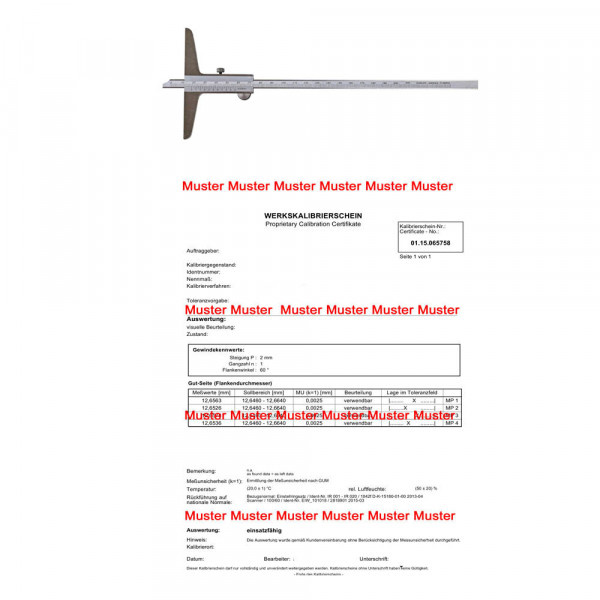 Certification for depth caliper until 1000 mm range