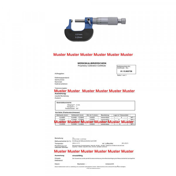 Certification for micrometer special until 50 mm