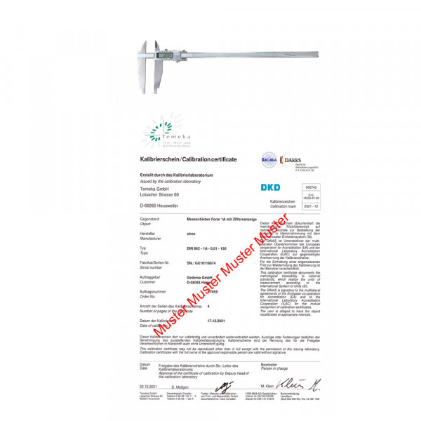 DAkkS Kalibrierung/Prüfzeugnis für Messschieber > 500 - 1000 mm Messbereich