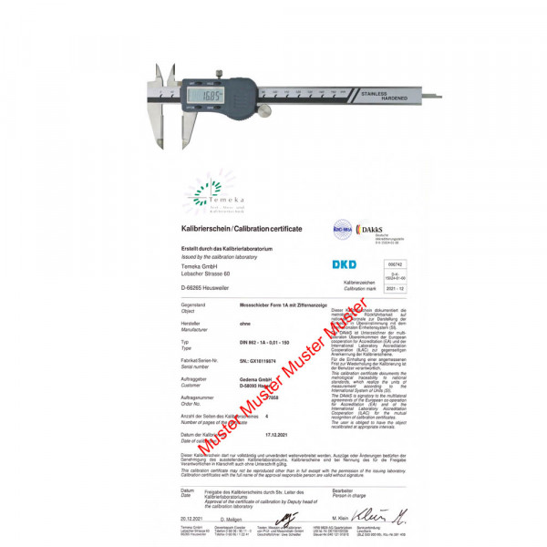 DAkkS Kalibrierung für Messschieber > 200 - 500 mm Messbereich