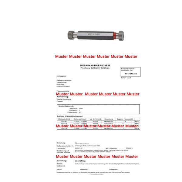 Certification for limit thread gauges M1 - M3 6H