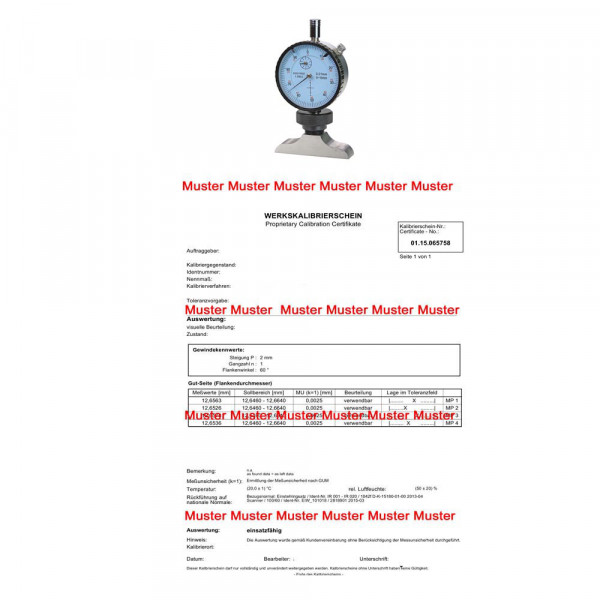Certification for analog depth dial indicator
